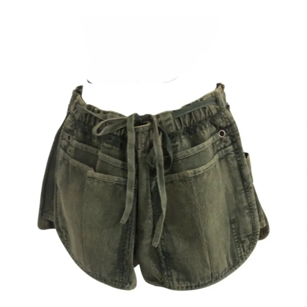 Free People green washed denim fringe paperbag waist‎ cotton shorts size XS new